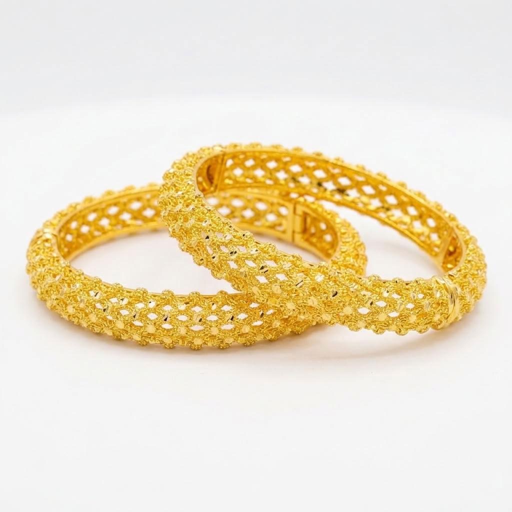 24K Gold Plated Traditional Handmade Open Bracelet Set - 2-Piece Intricate Design Bangles B101
