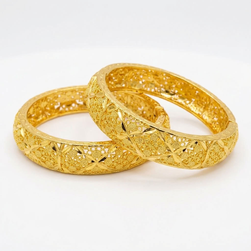 24K Gold Plated Traditional Handmade Open Bracelet Set - 2-Piece Intricate Design Bangles B121