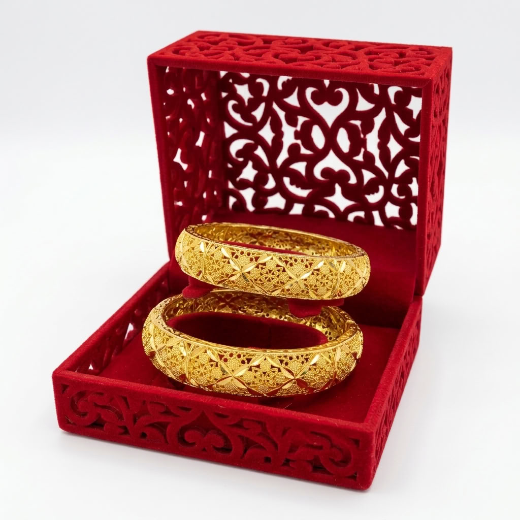 24K Gold Plated Traditional Handmade Open Bracelet Set - 2-Piece Intricate Design Bangles B121