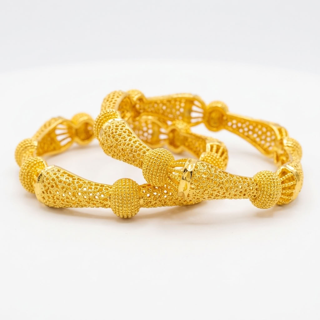 24K Gold Plated Traditional Handmade Open Bracelet Set - 2-Piece Intricate Design Bangles BO32