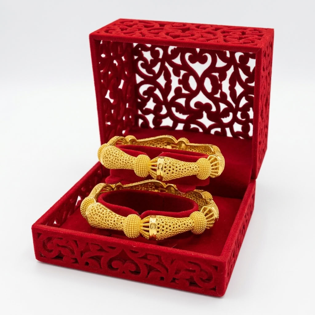 24K Gold Plated Traditional Handmade Open Bracelet Set - 2-Piece Intricate Design Bangles BO32
