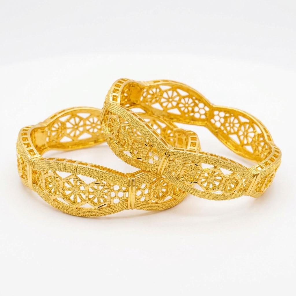 24K Gold Plated Traditional Handmade Open Bracelet Set - 2-Piece Intricate Design Bangles BO41