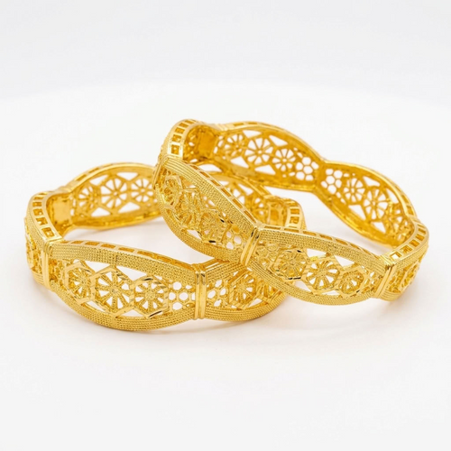 24K Gold Plated Traditional Handmade Open Bracelet Set - 2-Piece Intricate Design Bangles BO41