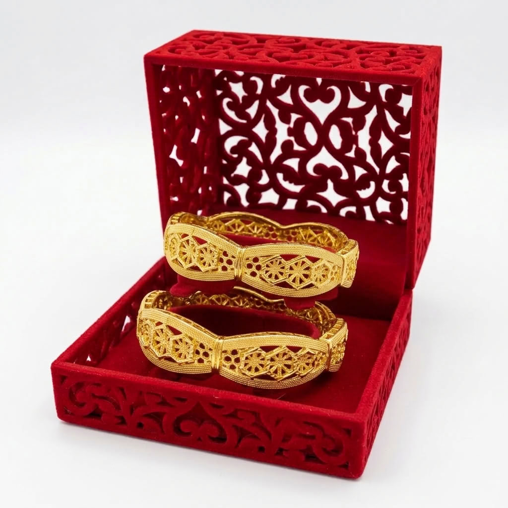 24K Gold Plated Traditional Handmade Open Bracelet Set - 2-Piece Intricate Design Bangles BO41