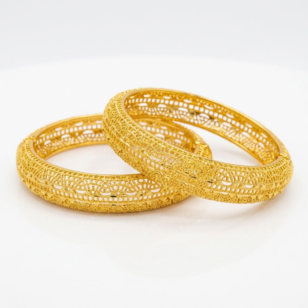 24K Gold Plated Traditional Handmade Open Bracelet Set - 2-Piece Intricate Design Bangles BO43