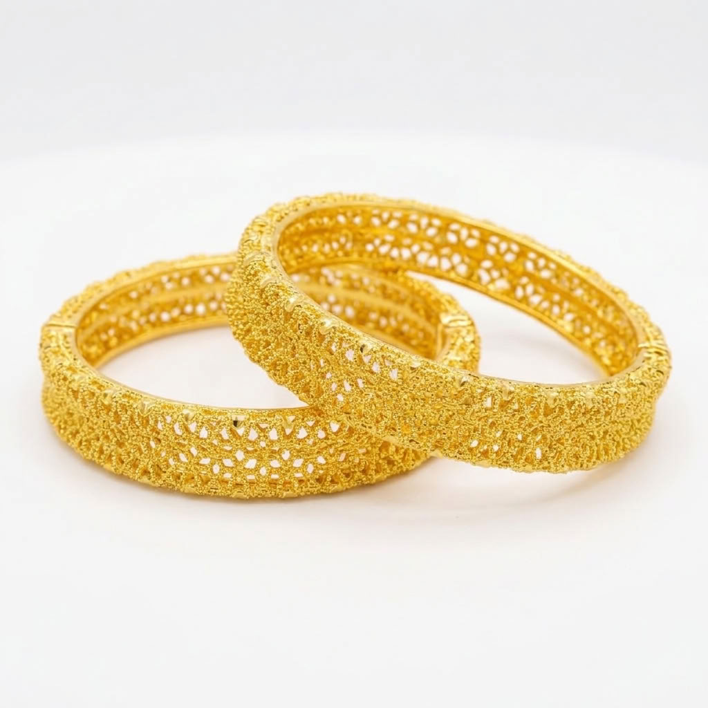 24K Gold Plated Traditional Handmade Open Bracelet Set - 2-Piece Intricate Design Bangles BO50