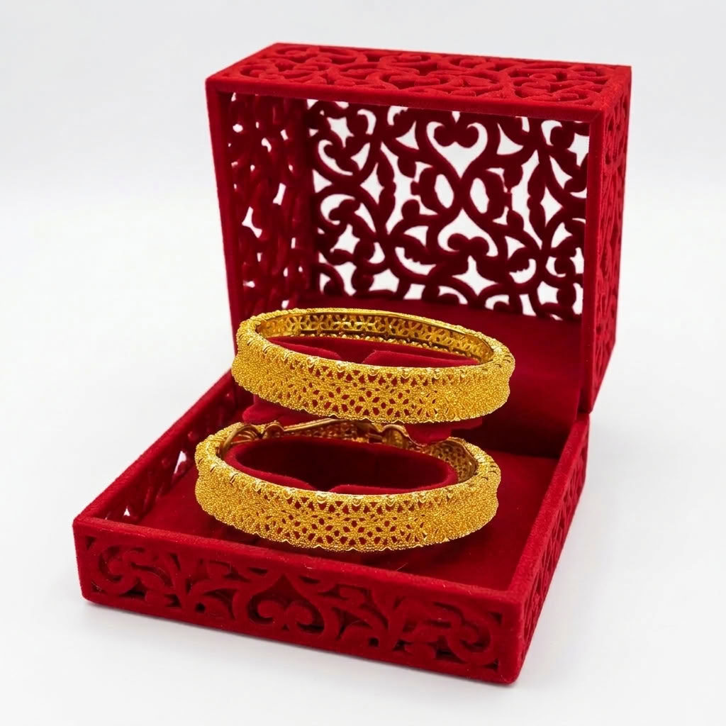 24K Gold Plated Traditional Handmade Open Bracelet Set - 2-Piece Intricate Design Bangles BO50