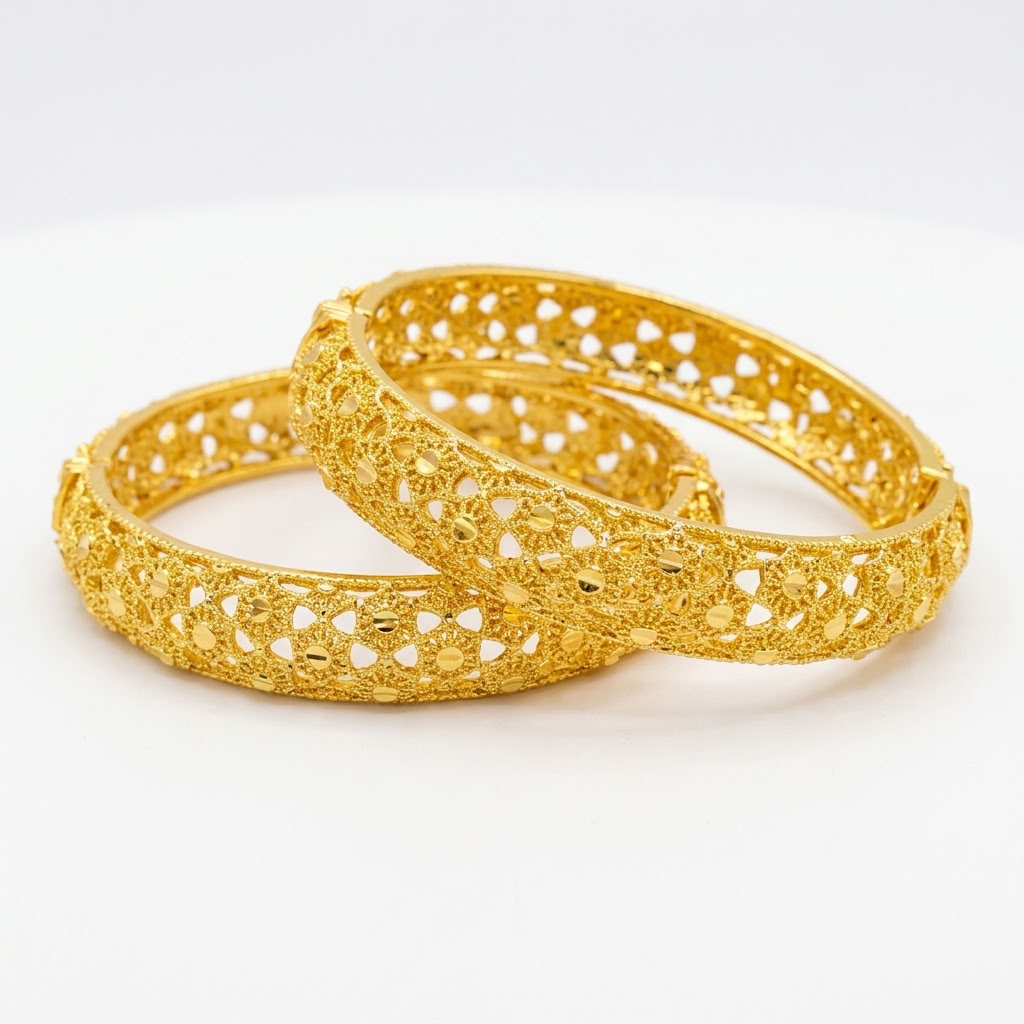 24K Gold Plated Traditional Handmade Open Bracelet Set - 2-Piece Intricate Design Bangles BO59