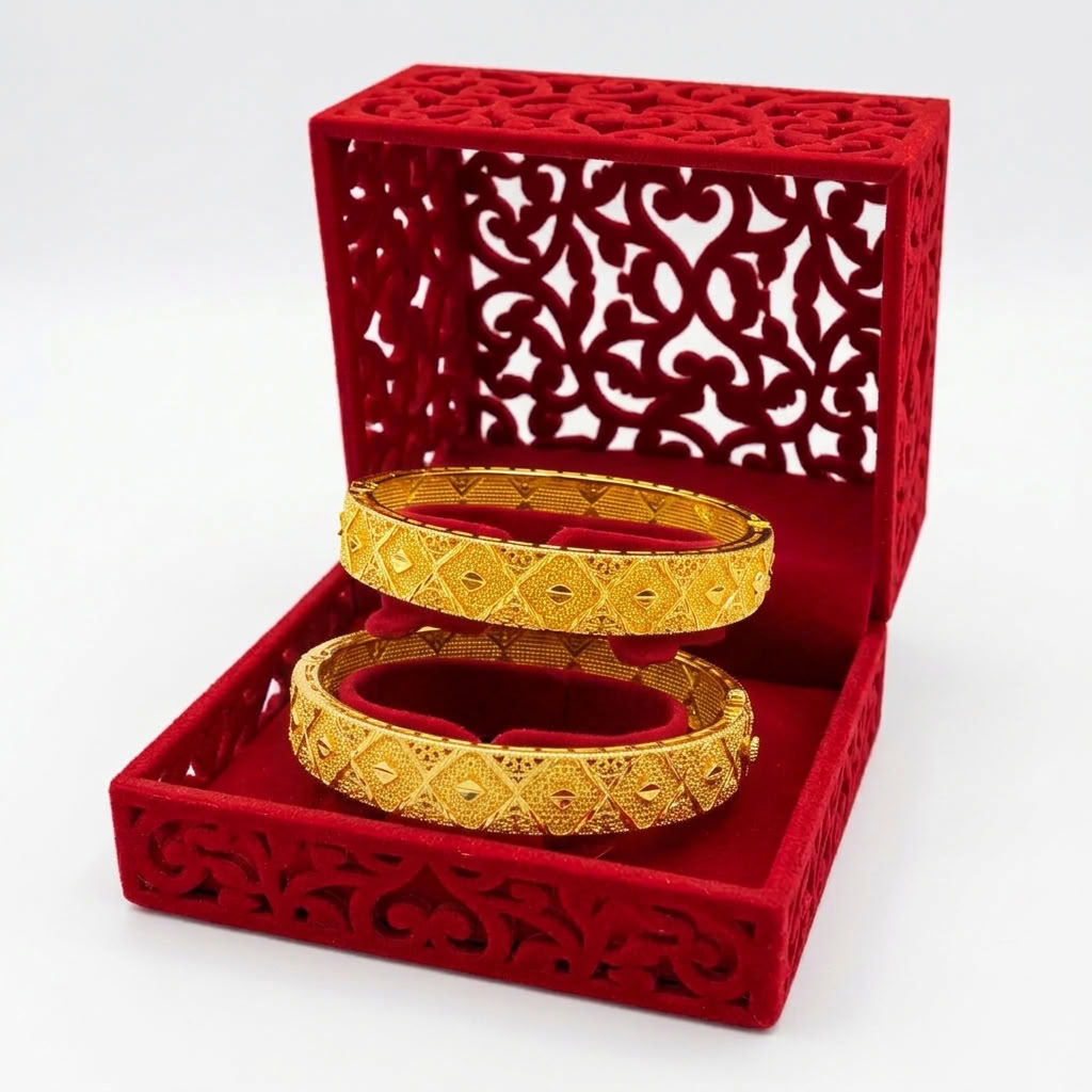 24K Gold Plated Traditional Handmade Open Bracelet Set - 2-Piece Intricate Design Bangles BO60