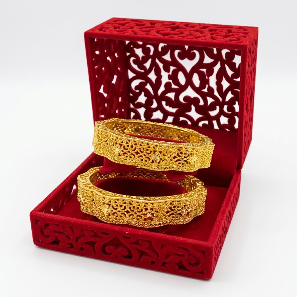 24K Gold Plated Traditional Handmade Open Bracelet Set - 2-Piece Intricate Design Bangles BO68