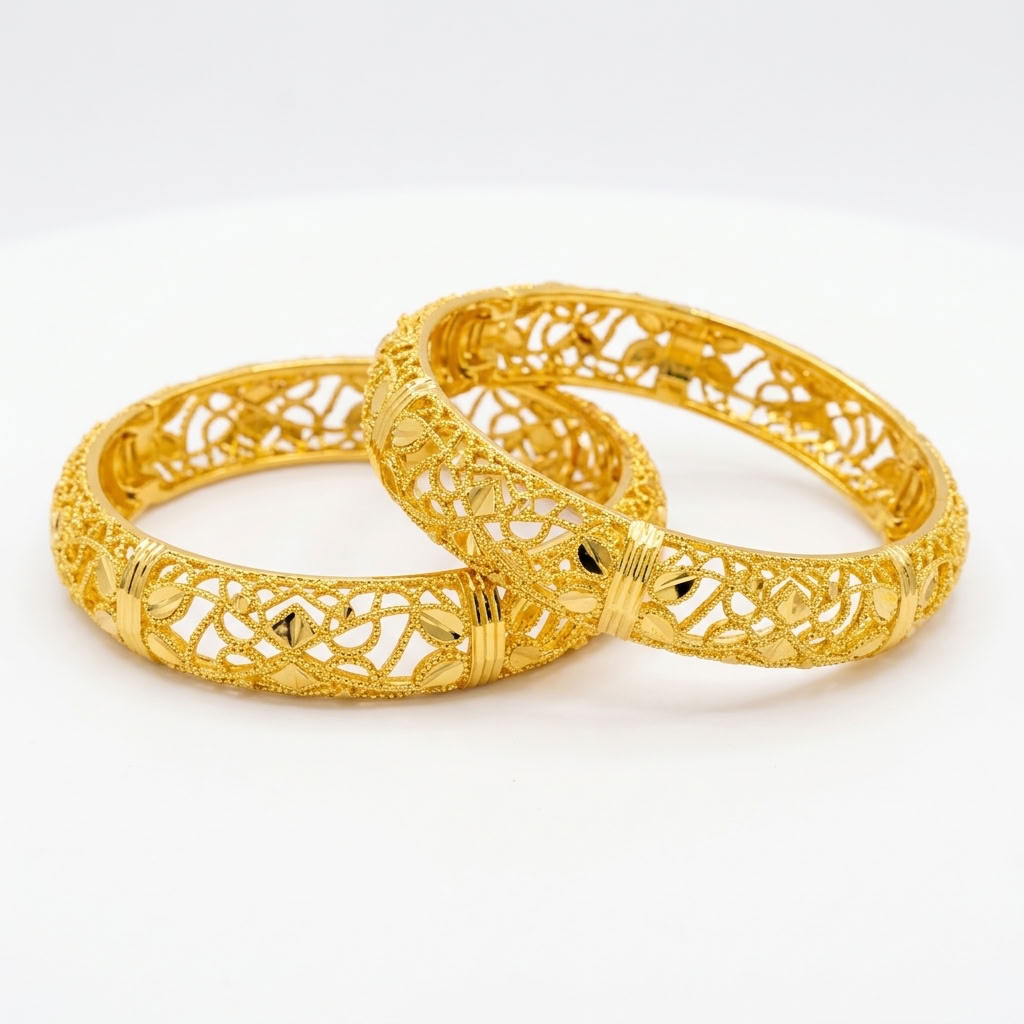 24K Gold Plated Traditional Handmade Open Bracelet Set - 2-Piece Intricate Design Bangles BO76