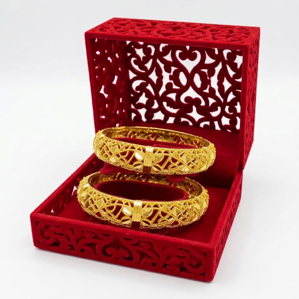 24K Gold Plated Traditional Handmade Open Bracelet Set - 2-Piece Intricate Design Bangles BO76