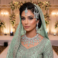 Kundan Silver Plated Green Bridal Jewellery Set - 4-Piece Necklace, Earrings, Tikka & Passa