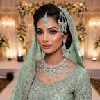 Kundan Silver Plated Green Bridal Jewellery Set - 4-Piece Necklace, Earrings, Tikka & Passa