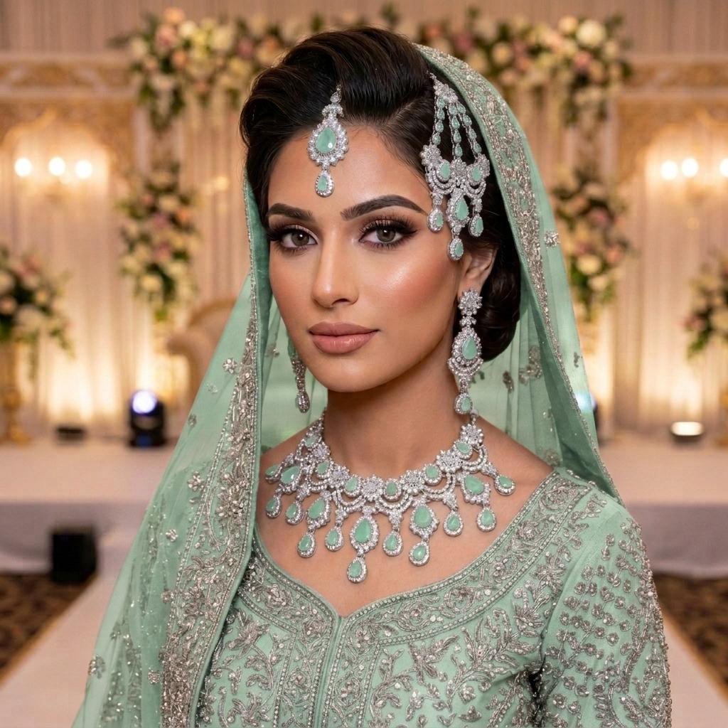 Kundan Silver Plated Green Bridal Jewellery Set - 4-Piece Necklace, Earrings, Tikka & Passa
