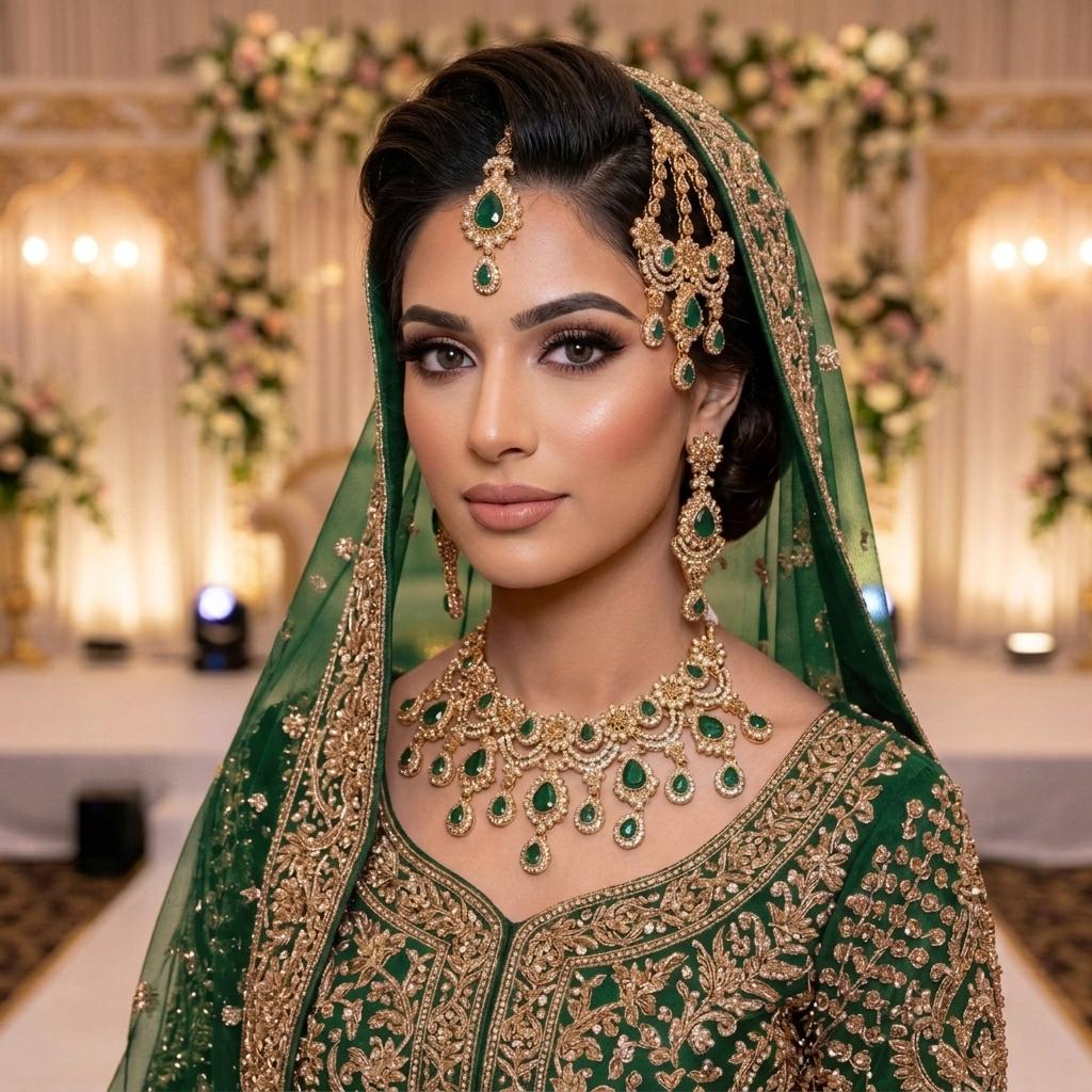Kundan Gold Plated Green Bridal Jewellery Set - 4-Piece Necklace, Earrings, Tikka & Passa