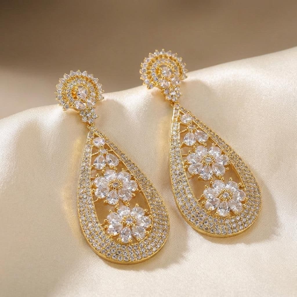 American Diamond Gold Plated Silver Diamonds Earrings - Bridal Jewellery