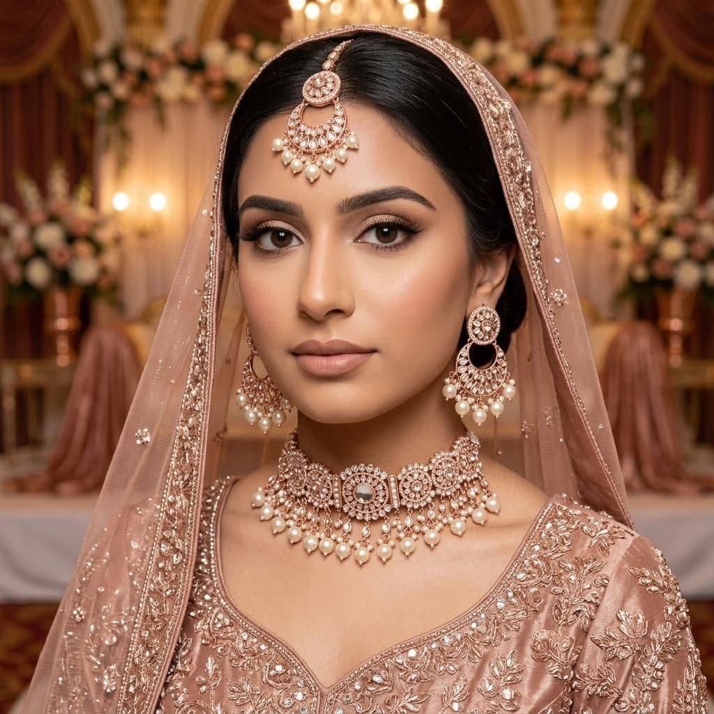 American Diamond Rose Gold Plated Silver Choker Bridal Jewellery Set - 3-Piece Necklace, Earrings & Tikka