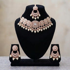 American Diamond Rose Gold Plated Silver Choker Bridal Jewellery Set - 3-Piece Necklace, Earrings & Tikka
