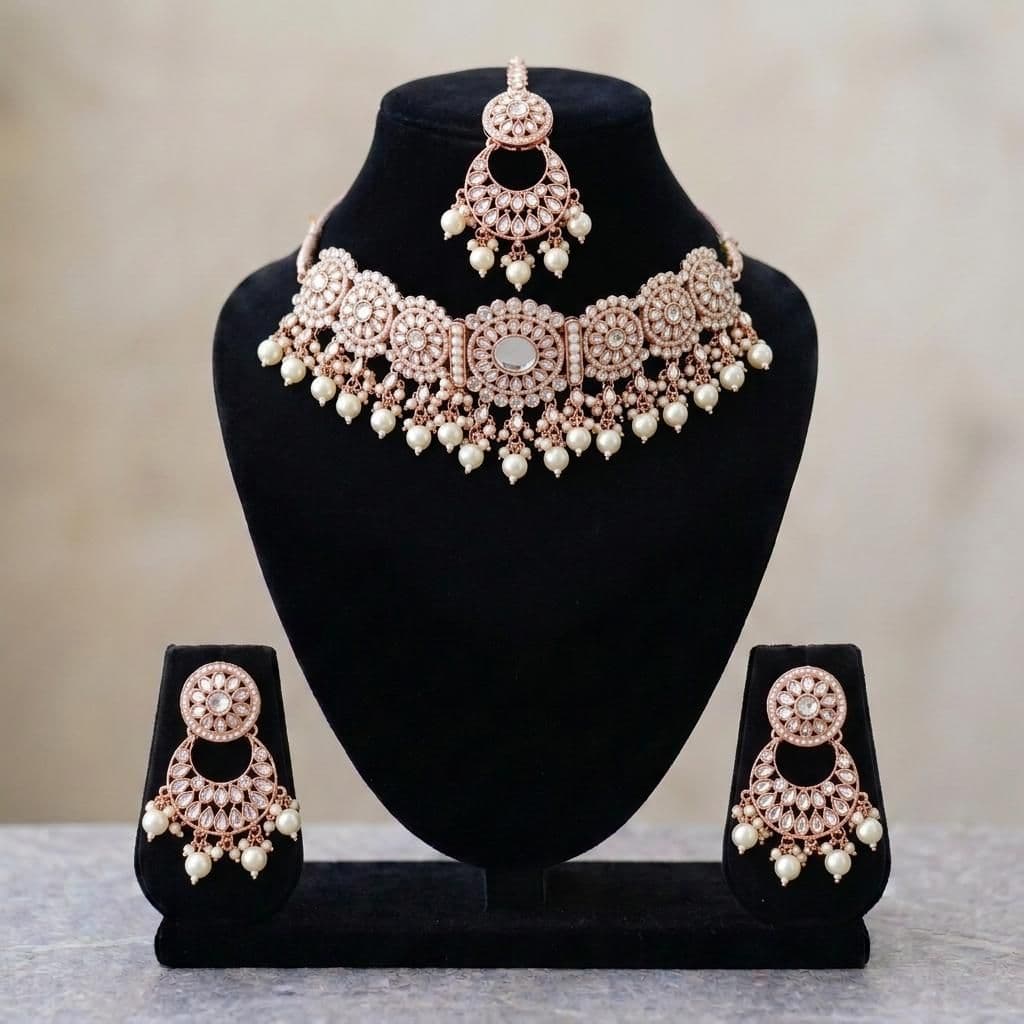 American Diamond Rose Gold Plated Silver Choker Bridal Jewellery Set - 3-Piece Necklace, Earrings & Tikka