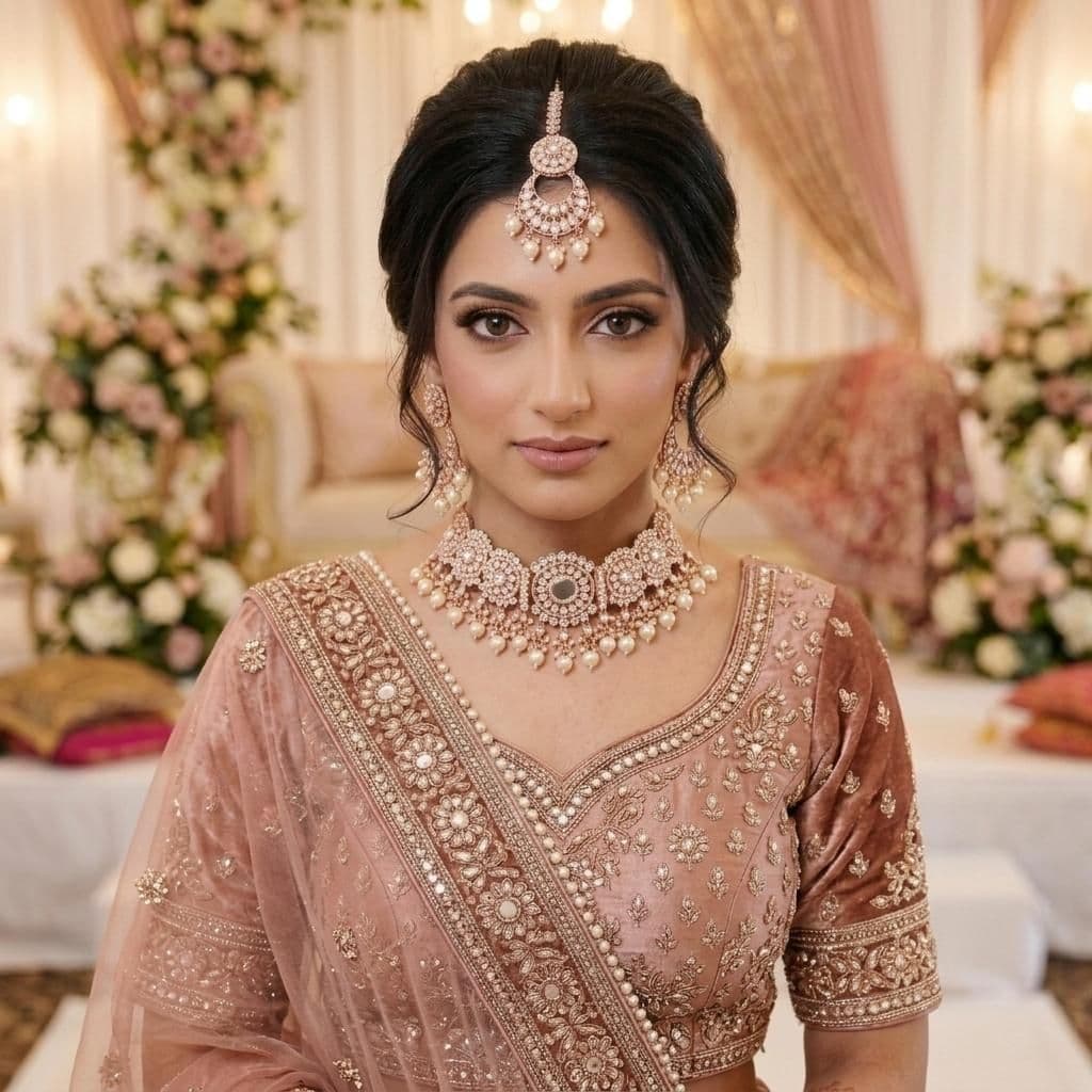 American Diamond Rose Gold Plated Silver Choker Bridal Jewellery Set - 3-Piece Necklace, Earrings & Tikka