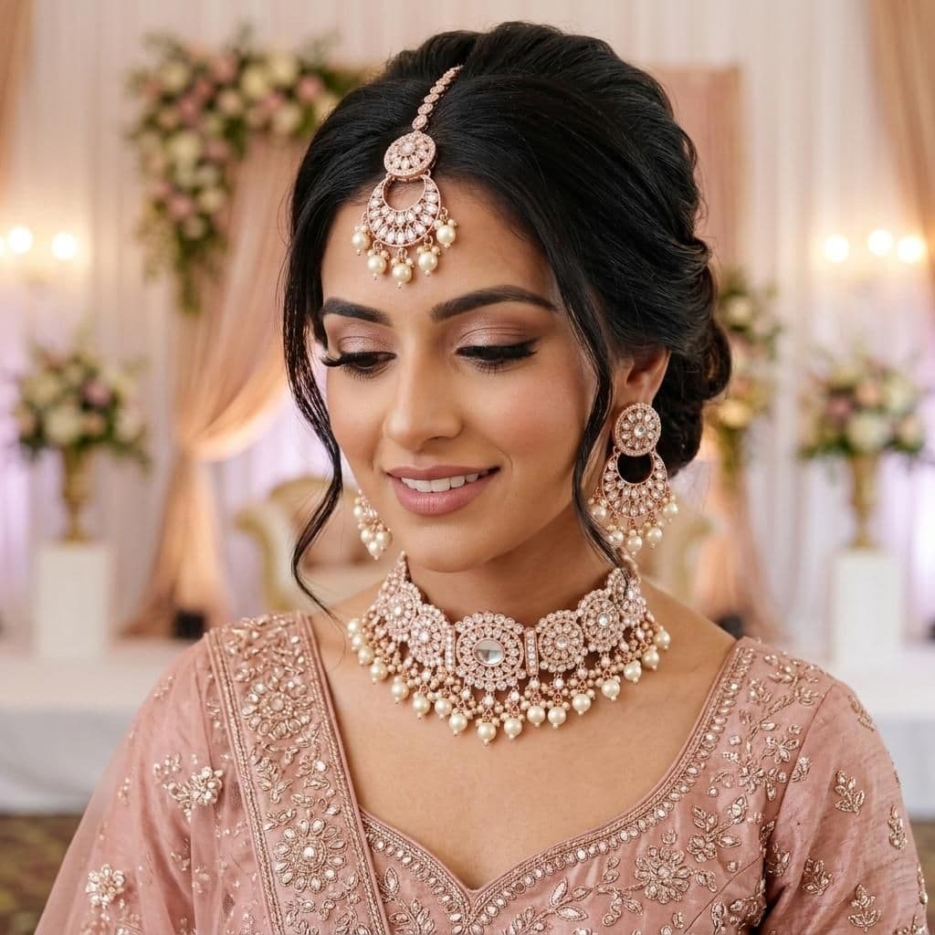 American Diamond Rose Gold Plated Silver Choker Bridal Jewellery Set - 3-Piece Necklace, Earrings & Tikka