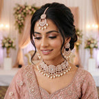 American Diamond Rose Gold Plated Silver Choker Bridal Jewellery Set - 3-Piece Necklace, Earrings & Tikka