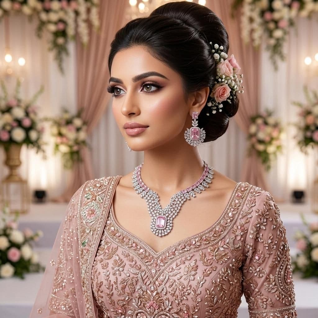 American Diamond Silver Plated Baby Pink Bridal Jewellery Set - 2-Piece Necklace & Earrings