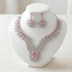 American Diamond Silver Plated Baby Pink Bridal Jewellery Set - 2-Piece Necklace & Earrings