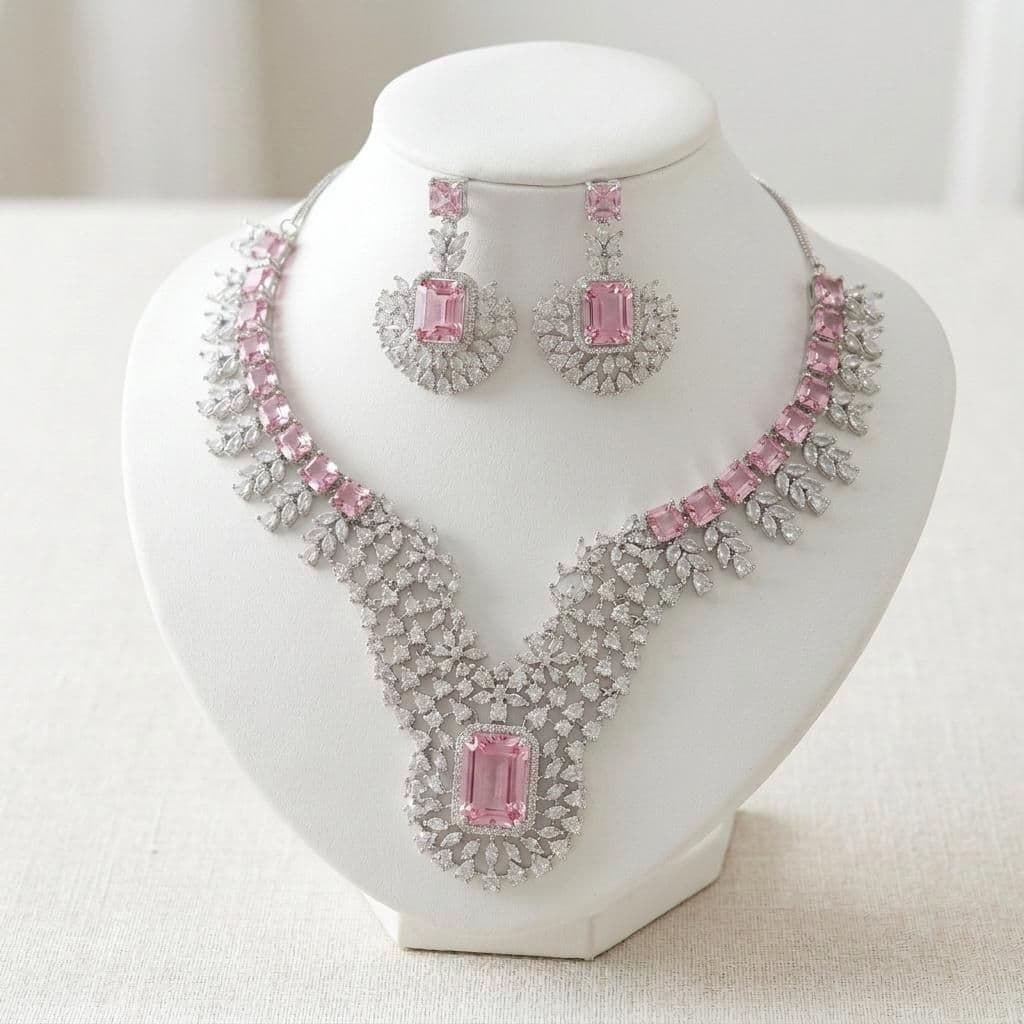 American Diamond Silver Plated Baby Pink Bridal Jewellery Set - 2-Piece Necklace & Earrings