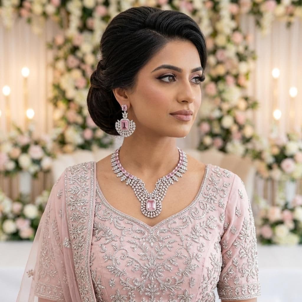 American Diamond Silver Plated Baby Pink Bridal Jewellery Set - 2-Piece Necklace & Earrings