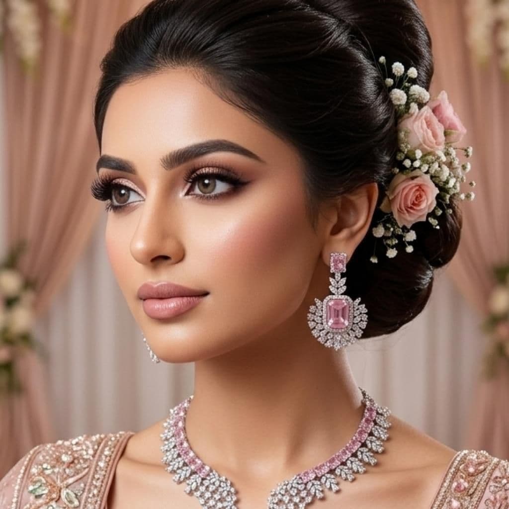 American Diamond Silver Plated Baby Pink Bridal Jewellery Set - 2-Piece Necklace & Earrings