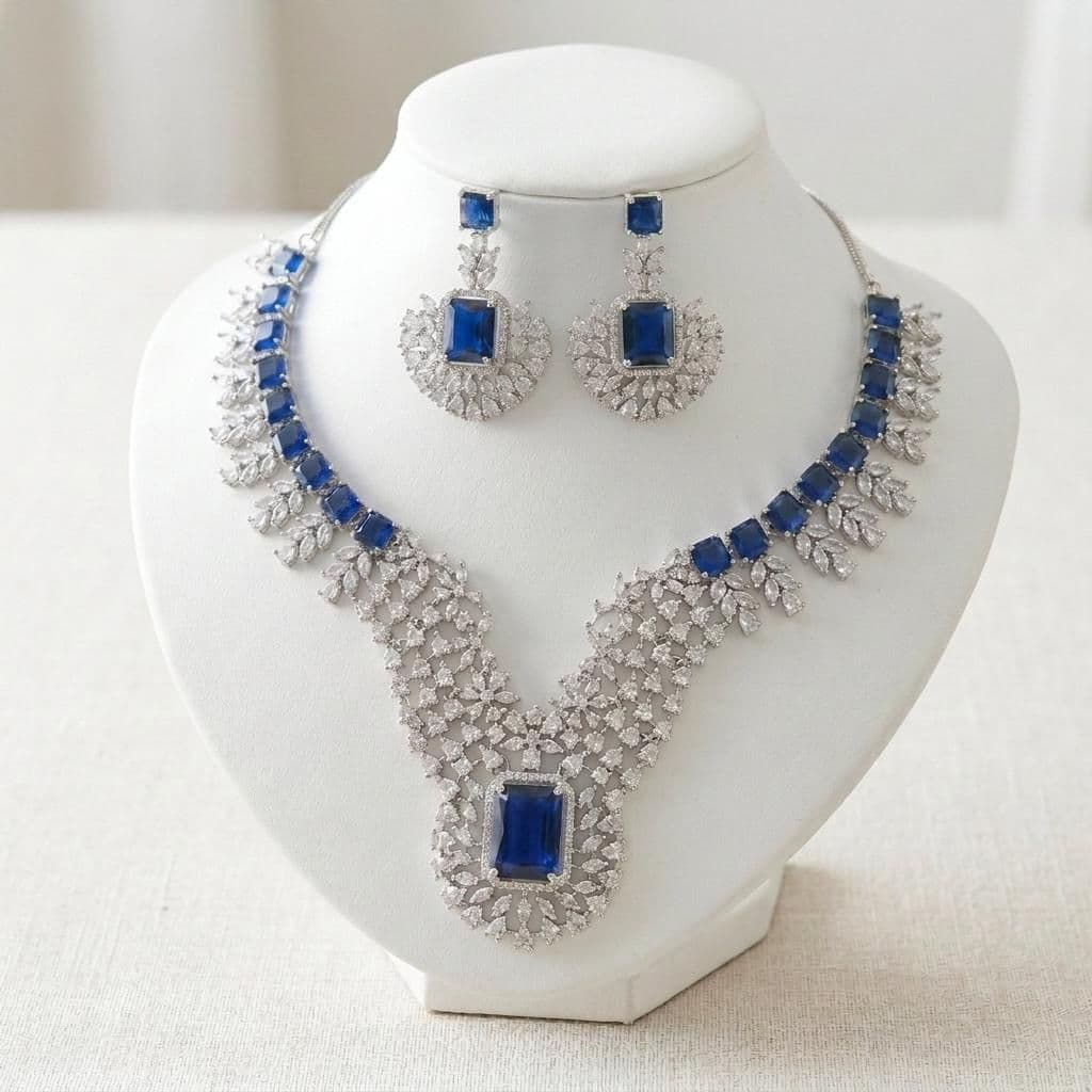 American Diamond Silver Plated Blue Bridal Jewellery Set - 2-Piece Necklace & Earrings
