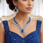 American Diamond Silver Plated Blue Bridal Jewellery Set - 2-Piece Necklace & Earrings