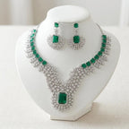 American Diamond Silver Plated Emerald Green Bridal Jewellery Set - 2-Piece Necklace & Earrings