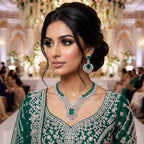 American Diamond Silver Plated Emerald Green Bridal Jewellery Set - 2-Piece Necklace & Earrings