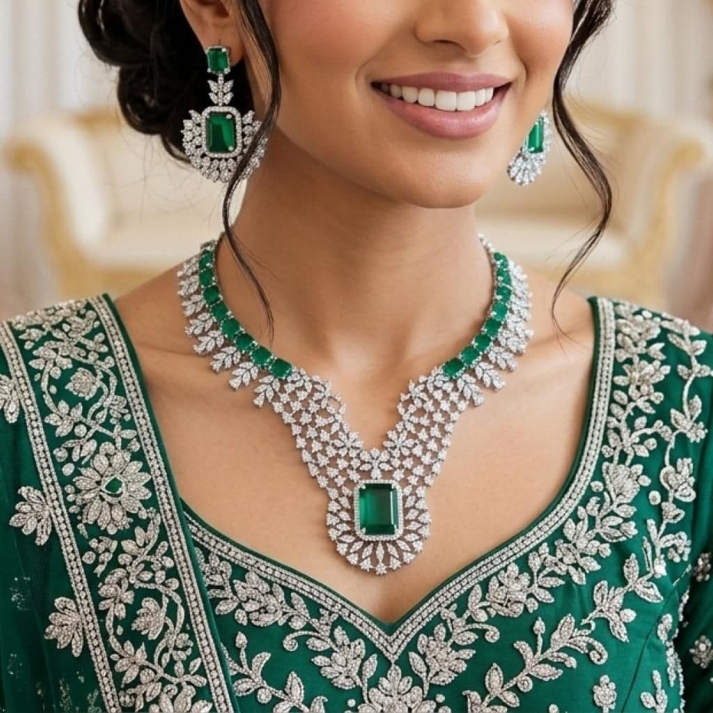 American Diamond Silver Plated Emerald Green Bridal Jewellery Set - 2-Piece Necklace & Earrings
