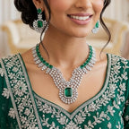 American Diamond Silver Plated Emerald Green Bridal Jewellery Set - 2-Piece Necklace & Earrings