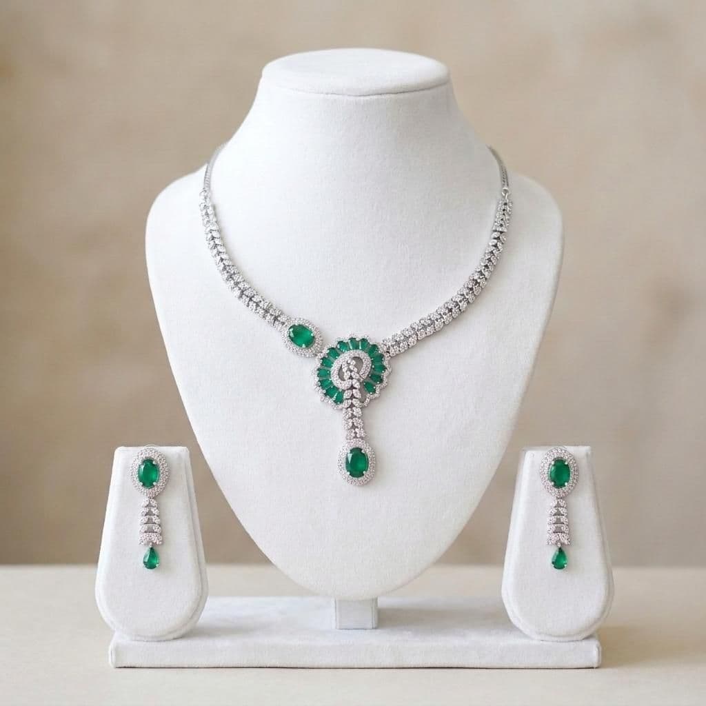 American Diamond Silver Plated Emerald Green Bridal Jewellery Set - 2-Piece Necklace & Earrings