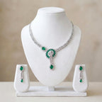 American Diamond Silver Plated Emerald Green Bridal Jewellery Set - 2-Piece Necklace & Earrings