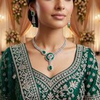 American Diamond Silver Plated Emerald Green Bridal Jewellery Set - 2-Piece Necklace & Earrings