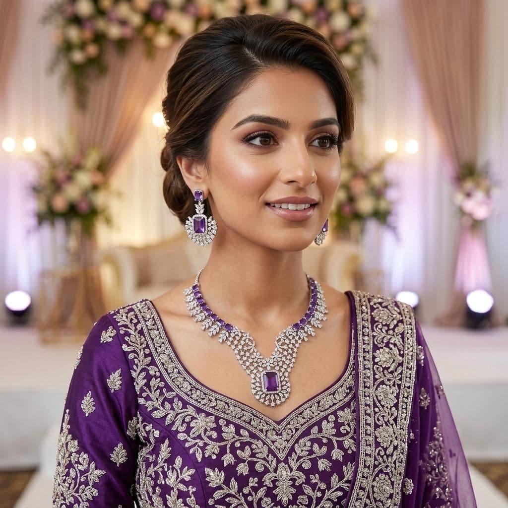 American Diamond Silver Plated Purple Bridal Jewellery Set - 2-Piece Necklace & Earrings