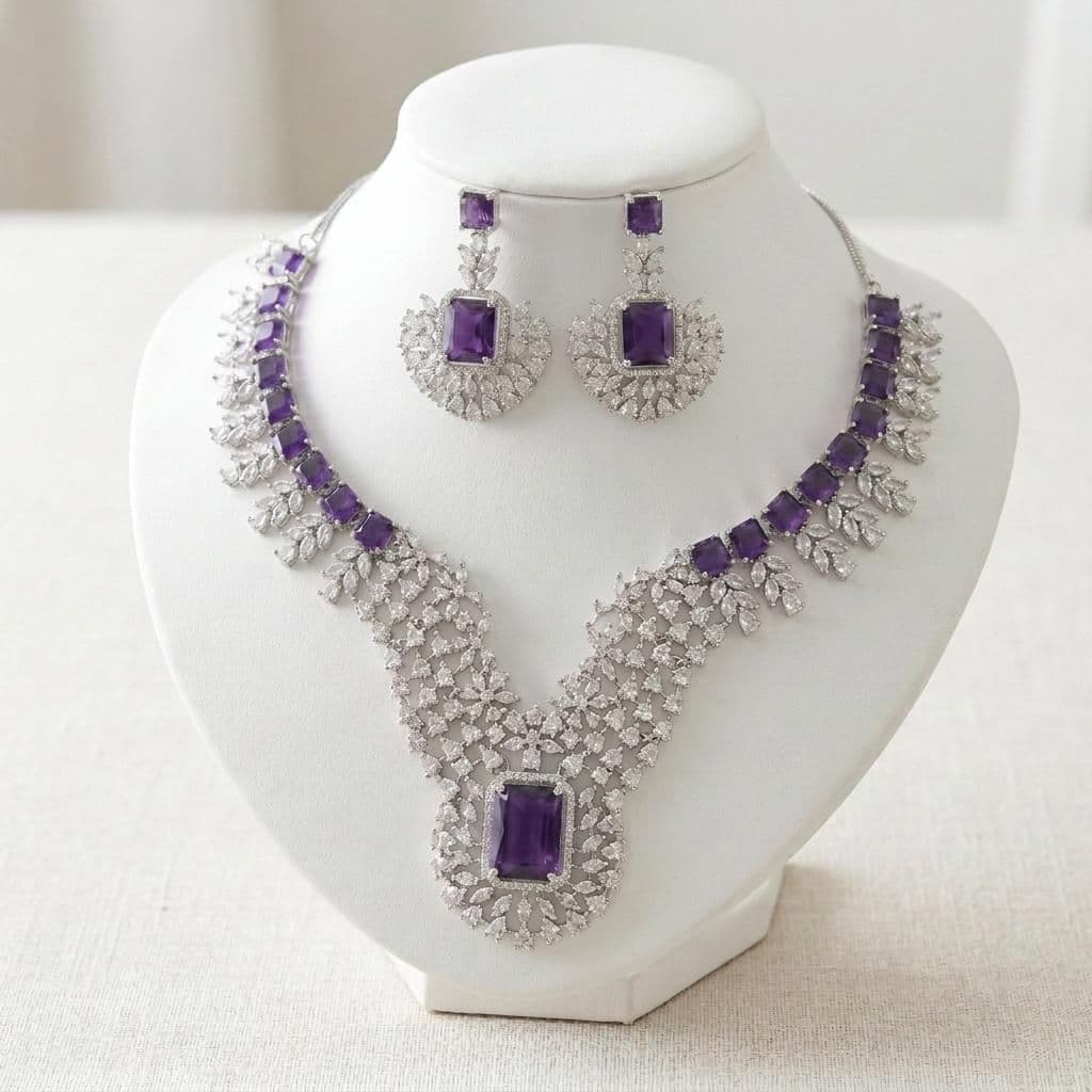 American Diamond Silver Plated Purple Bridal Jewellery Set - 2-Piece Necklace & Earrings