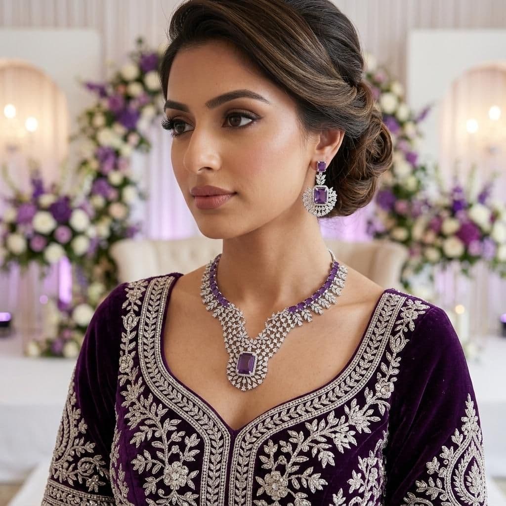 American Diamond Silver Plated Purple Bridal Jewellery Set - 2-Piece Necklace & Earrings