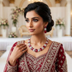 American Diamond Silver Plated Ruby Red Bridal Jewellery Set - 2-Piece Necklace & Earrings