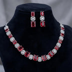 American Diamond Silver Plated Ruby Red Bridal Jewellery Set - 2-Piece Necklace & Earrings