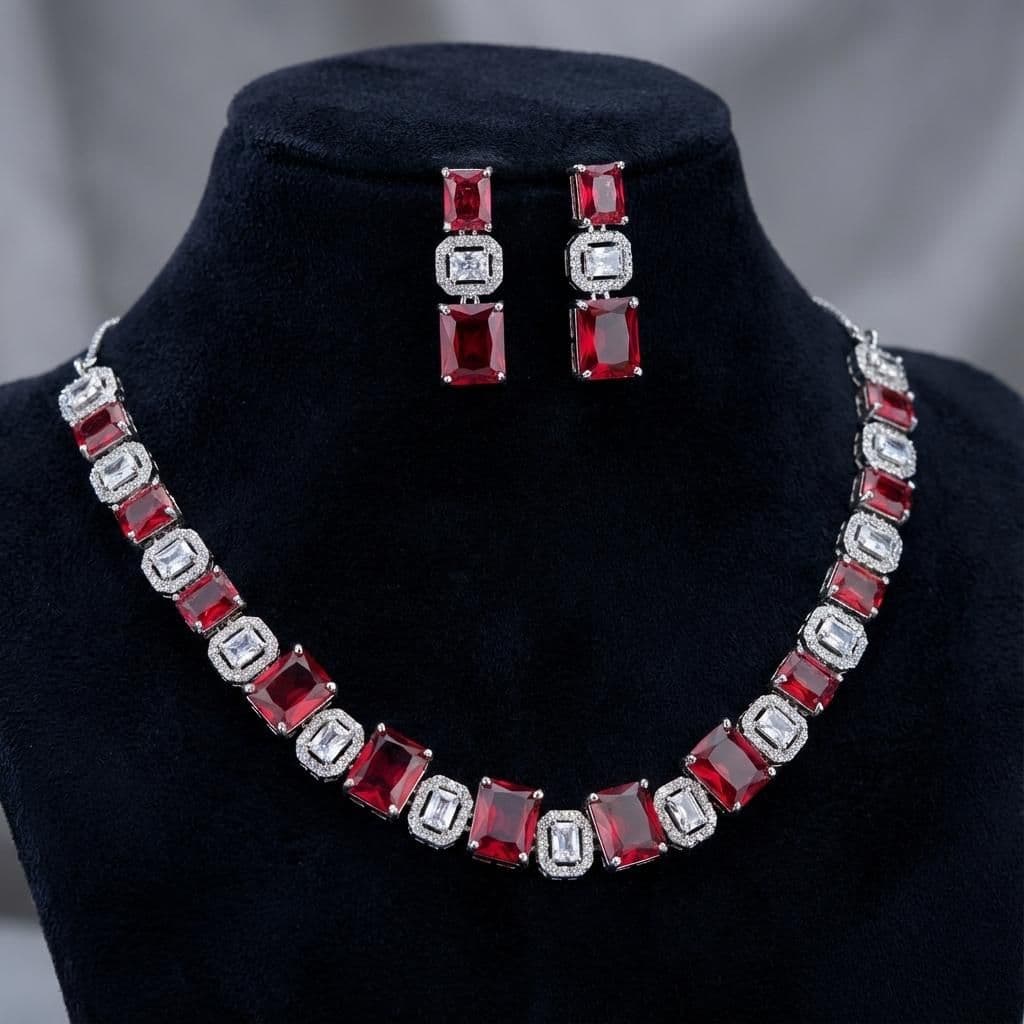 American Diamond Silver Plated Ruby Red Bridal Jewellery Set - 2-Piece Necklace & Earrings