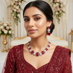 American Diamond Silver Plated Ruby Red Bridal Jewellery Set - 2-Piece Necklace & Earrings