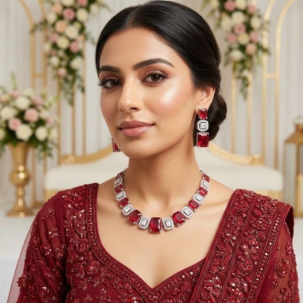 American Diamond Silver Plated Ruby Red Bridal Jewellery Set - 2-Piece Necklace & Earrings