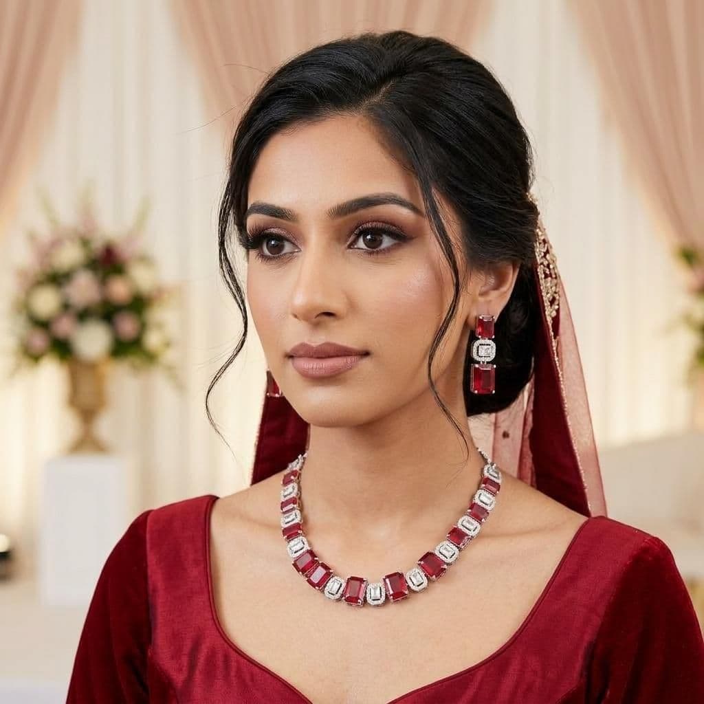 American Diamond Silver Plated Ruby Red Bridal Jewellery Set - 2-Piece Necklace & Earrings